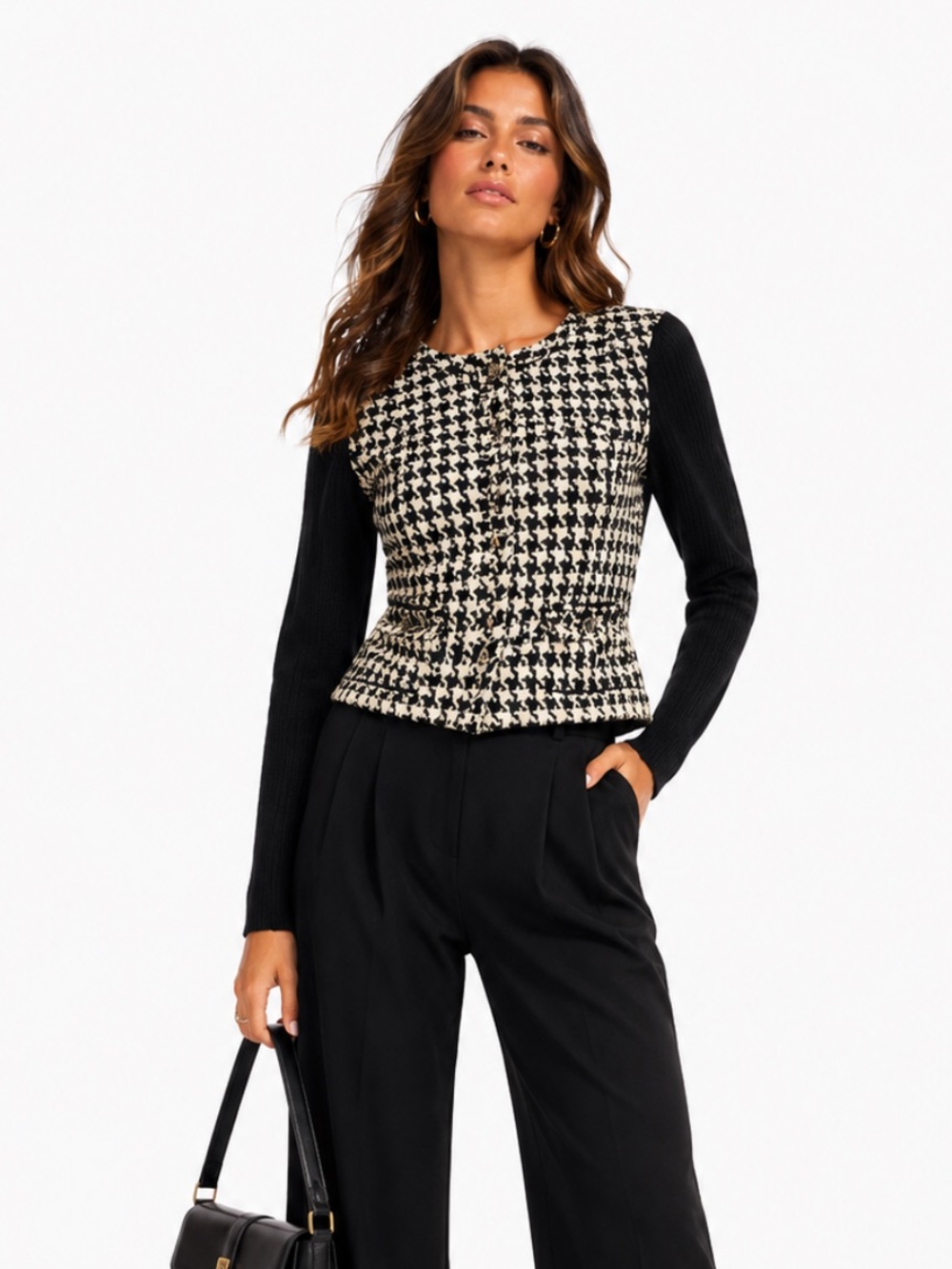 Cabi knit Houndstooth Knit-Sleeve Jacket - Black & Cream sweater jacket size 4